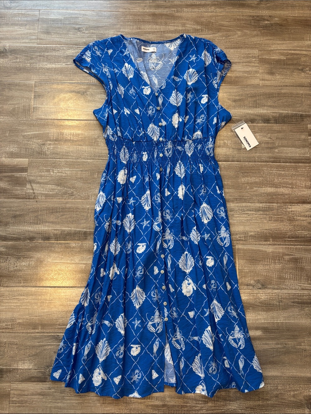 Blue Floral-Print V-Neck Midi Dress with Gathered Waist